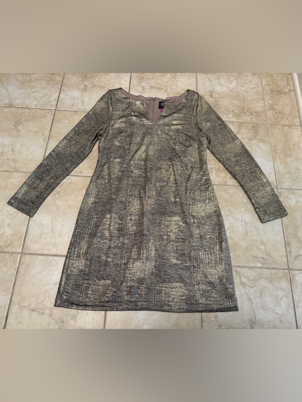 Vince Camuto Metallic Sheath Dress Long Sleeve Keyhole Gold/Multi Size 12